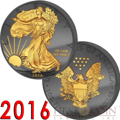 USA TWO SIDES SPECIAL EDITION 30th ANNIVERSARY OF THE AMERICAN SILVER EAGLE WALKING LIBERTY series GOLDEN ENIGMA EDITION Black Ruthenium & Two Sides Gold Plated 2016 1 oz